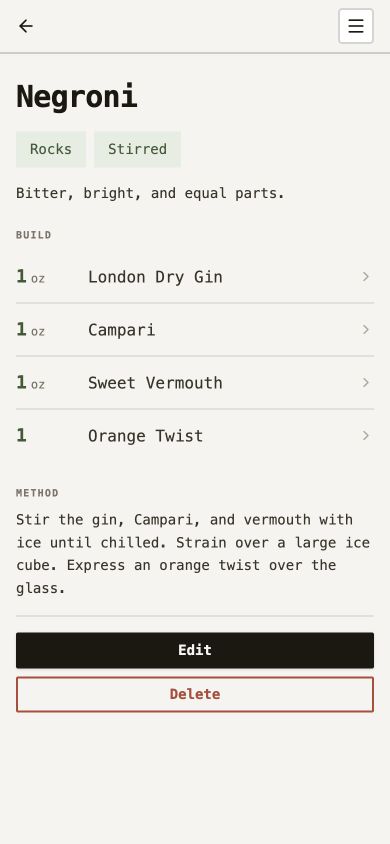Drink Archive showing a Negroni recipe with measured ingredients and a short preparation method.